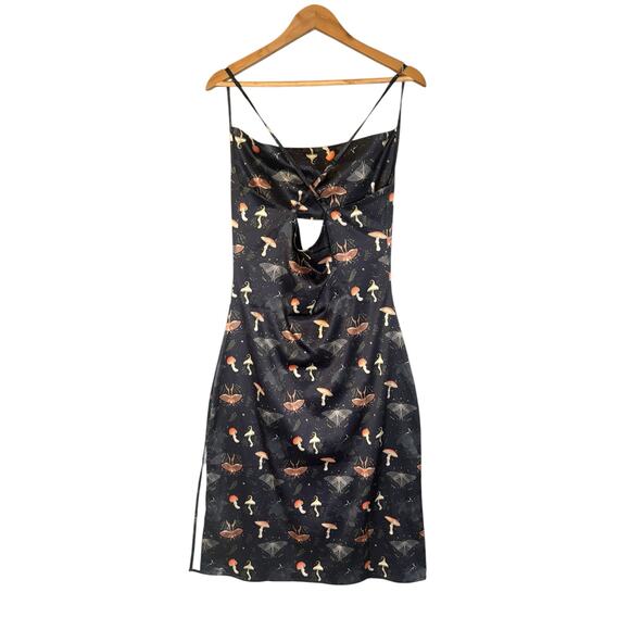 Disturbia Medeina Print Cowl Neck Satin Slip Dress S Fairy Mushroom Moth Cottage - Picture 6 of 13